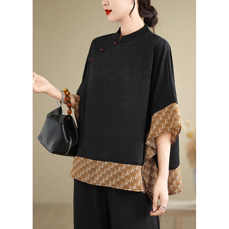 Chinese Style Brown Print Patchwork Silk Shirts Batwing Sleeve