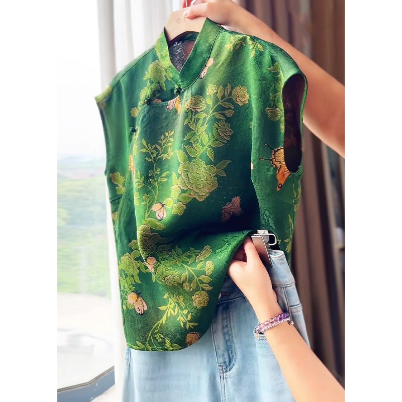 Chinese Style Green Print Silk Oriental Top Summer