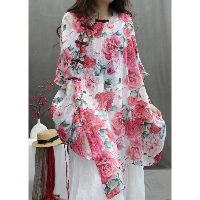 Chinese Style Red Roses Print Cotton Shirts Half Sleeve