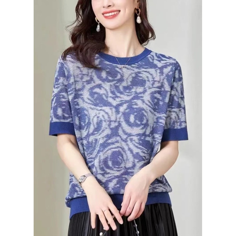DIY Blue O-Neck Print Knit Top Summer