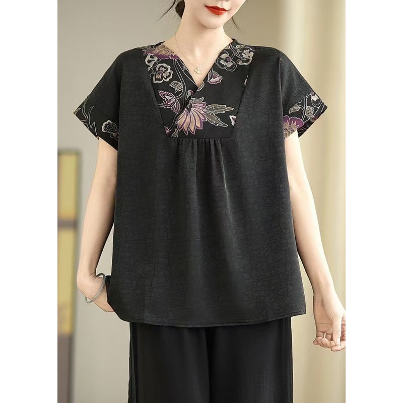 Elegant Black V Neck Patchwork Silk Shirt Tops Summer