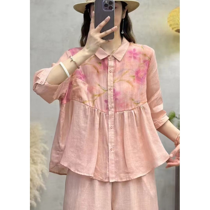 Elegant Pink Print Patchwork Linen Shirt Top Half Sleeve