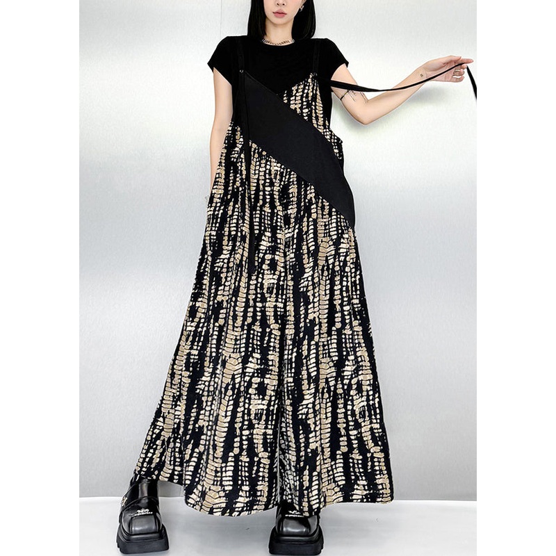 Fashion Black Oversized Patchwork Print Cotton Jumpsuits Summer