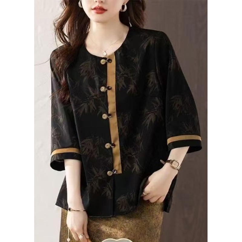 Fine Black Oversized Patchwork Chinese Button Silk Oriental Shirts Summer