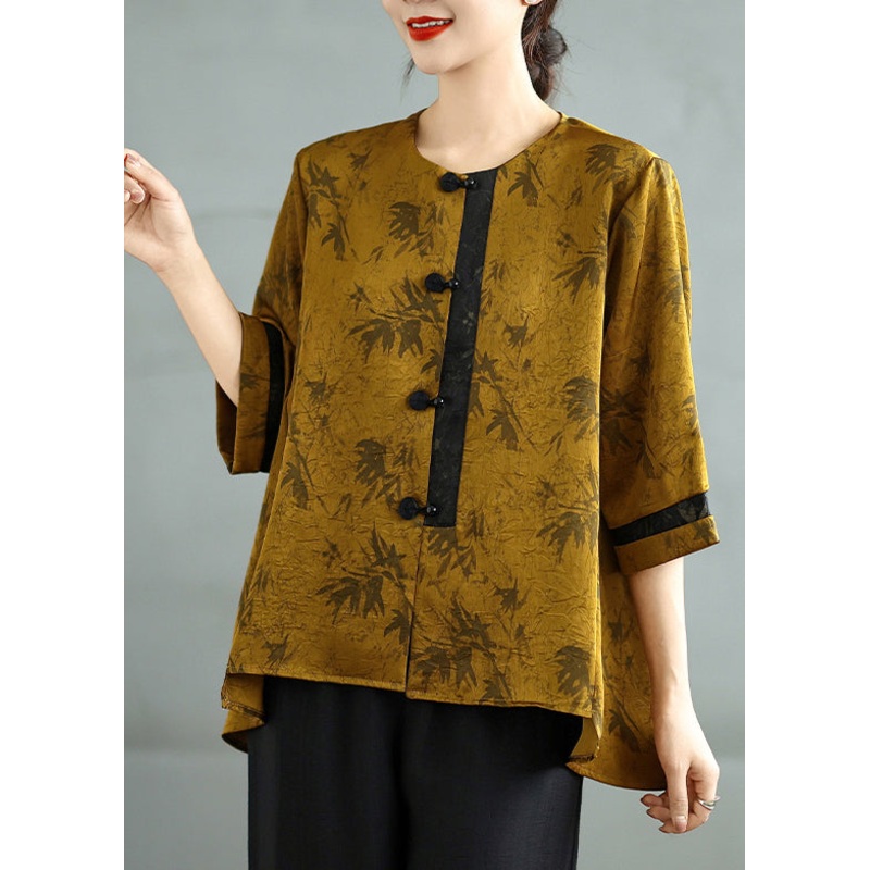 Fine Brown Chinese Button Print Silk Tops Bracelet Sleeve