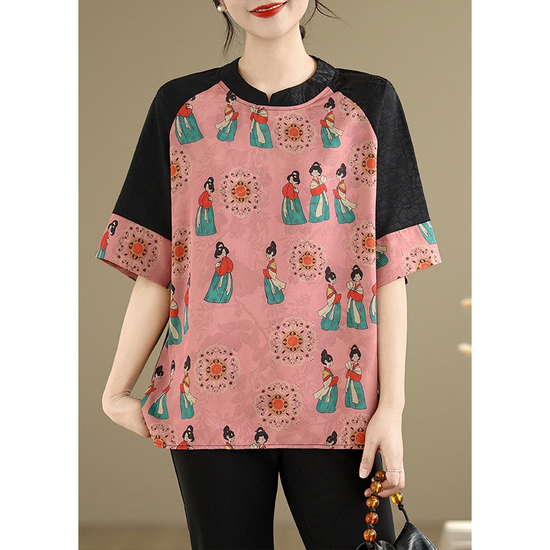 Fine Pink Mandarin Collar Print Silk Shirt Summer