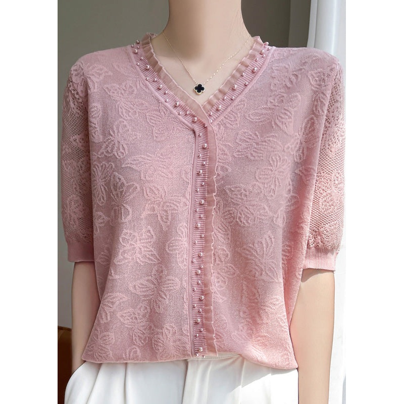 Fitted Pink Jacquard Nail Bead Knit Shirt Top Summer