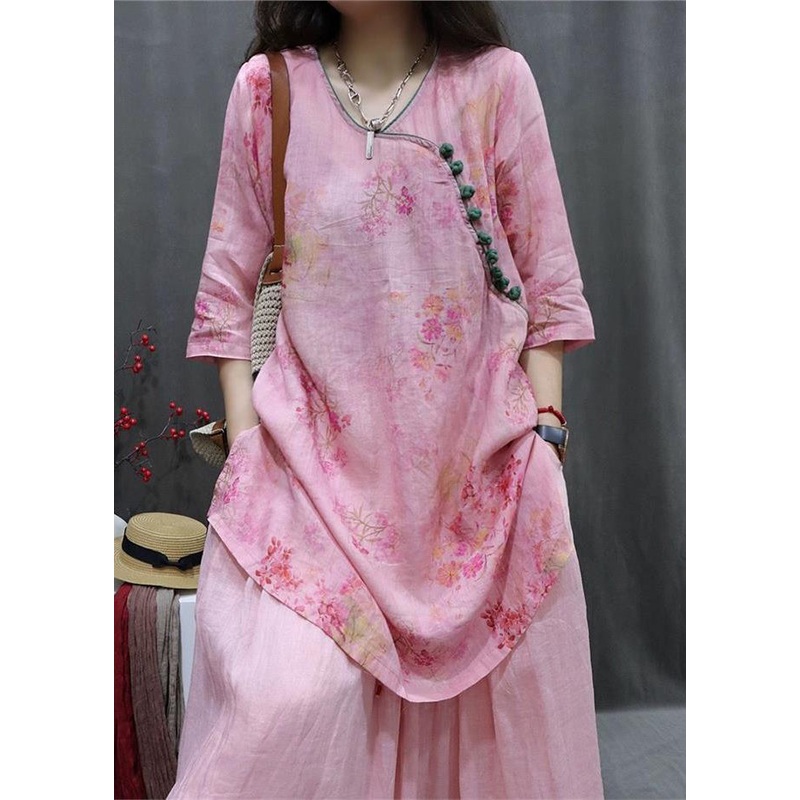 Loose Pink Print Side Open Linen Blouse Half Sleeve
