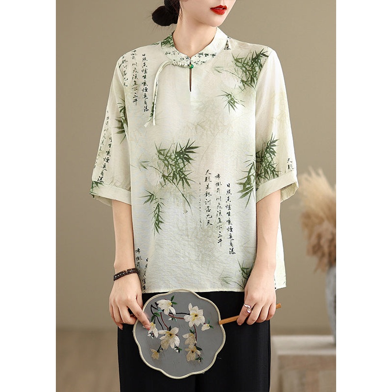 New Retro Bamboo Print Chiffon Oriental Tops Half Sleeve