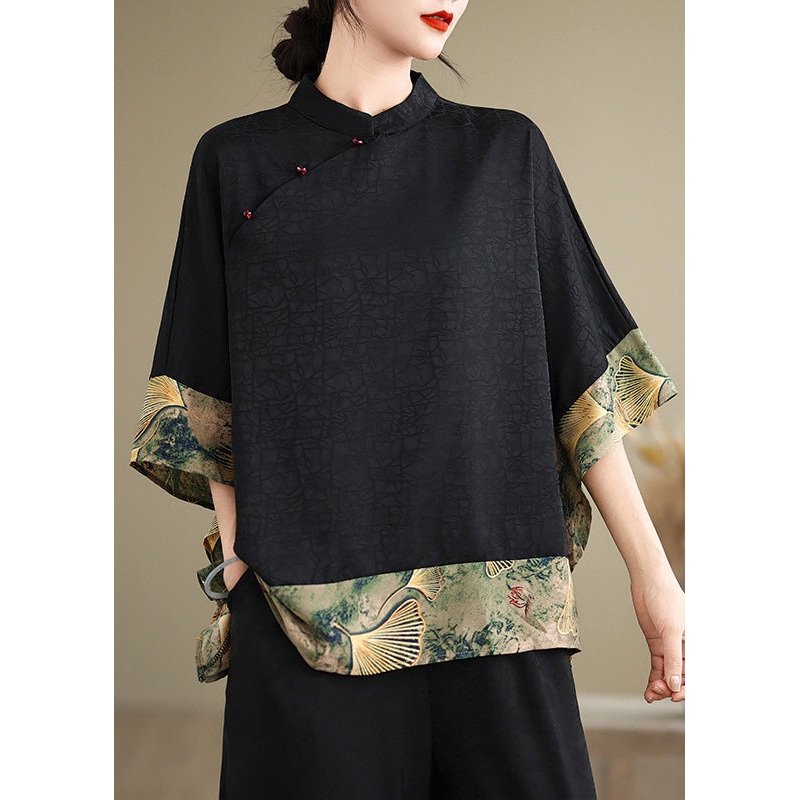 New Retro Khaki Print Patchwork Silk Shirt Tops Half Sleeve