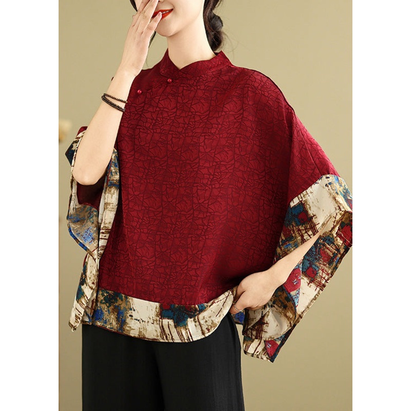 New Retro Mulberry Print Patchwork Silk Tops Batwing Sleeve