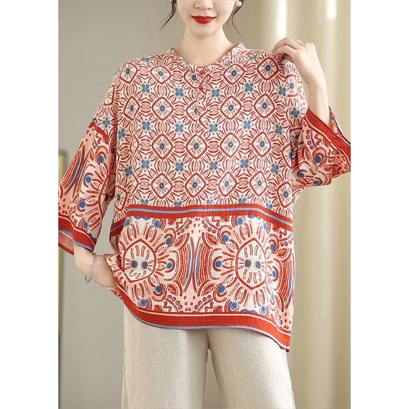 Plus Size Red Oversized Print Tops Bracelet Sleeve