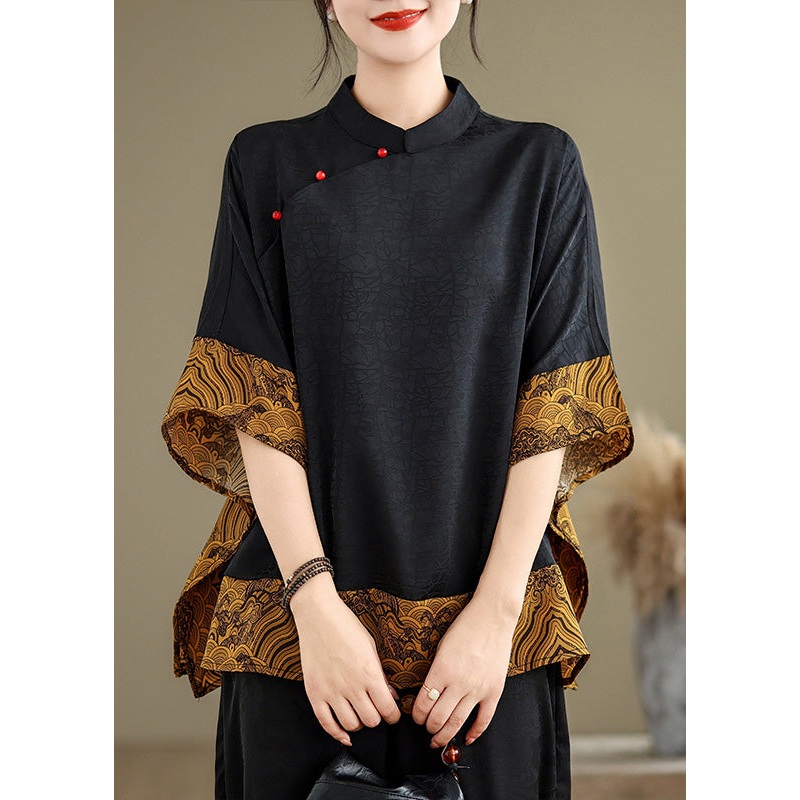 Retro Khaki Mandarin Collar Patchwork Silk Shirts Batwing Sleeve