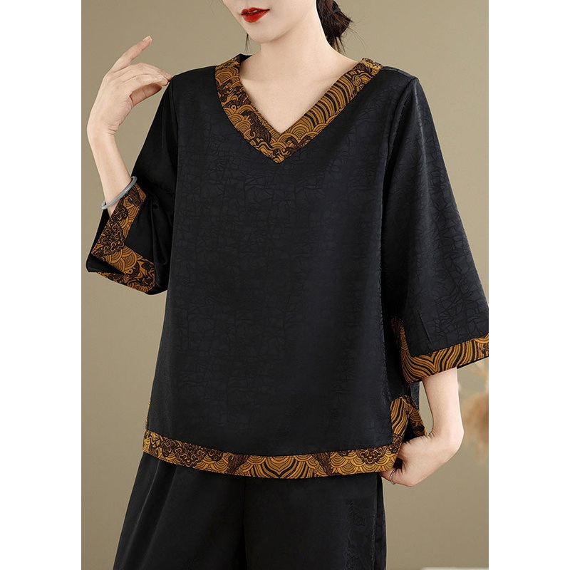Style Black V Neck Patchwork Silk Shirts Summer