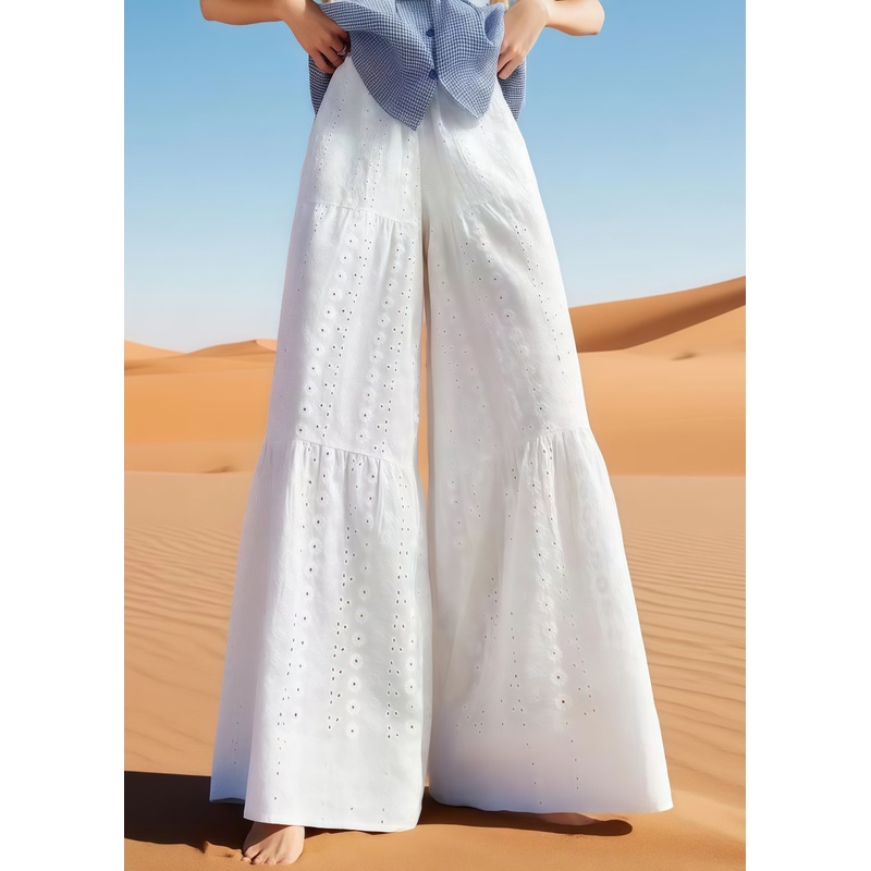 Unique White Embroidered Hollow Out Cotton Wide Leg Pants Summer
