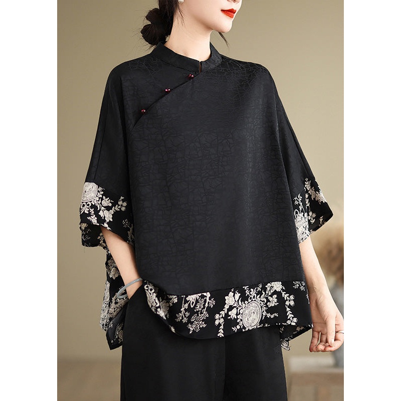 Vintage Black Mandarin Collar Patchwork Silk Shirt Summer