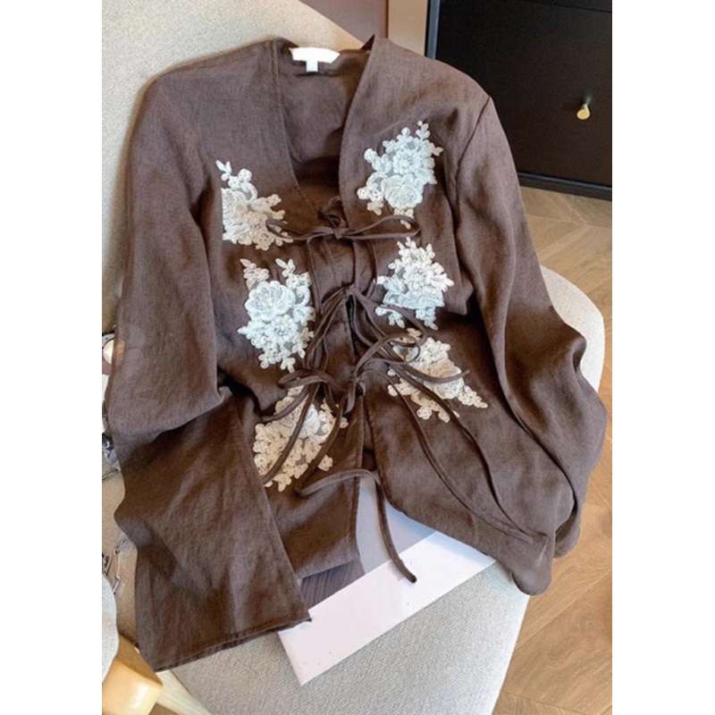 Vintage Coffee Lace Embroidered Lace Up Cotton Blouses Fall