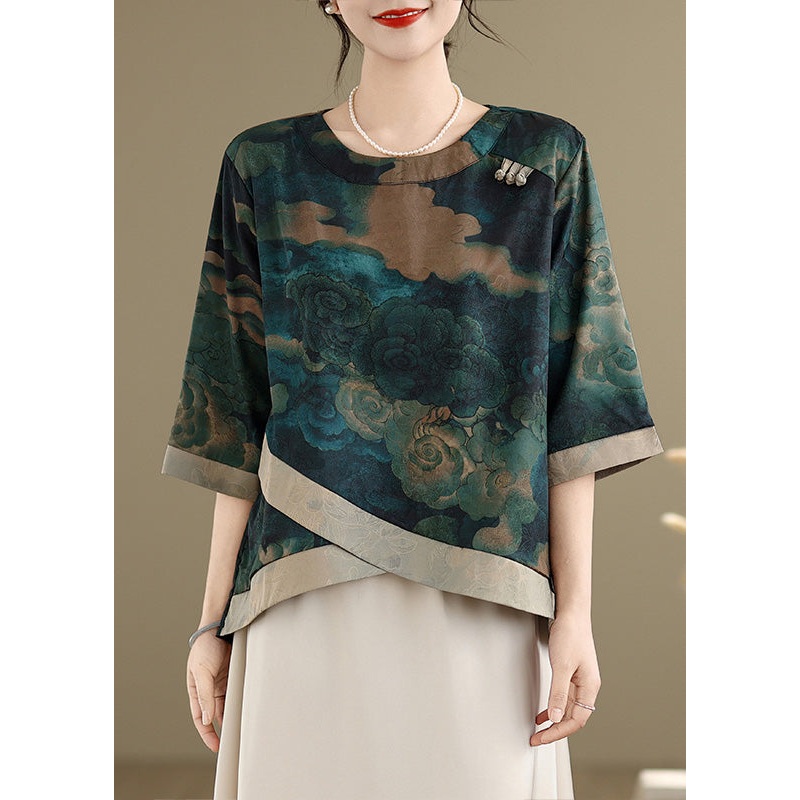 Vintage Green Asymmetrical Print Silk Blouses Half Sleeve