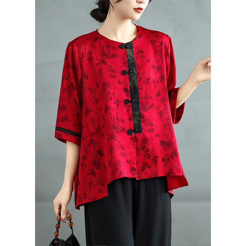 Vintage Red Oversized Print Silk Oriental Tops Summer