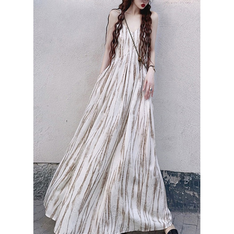 Women Apricot Striped Exra Large Hem Cotton Vacation Dresses Summer