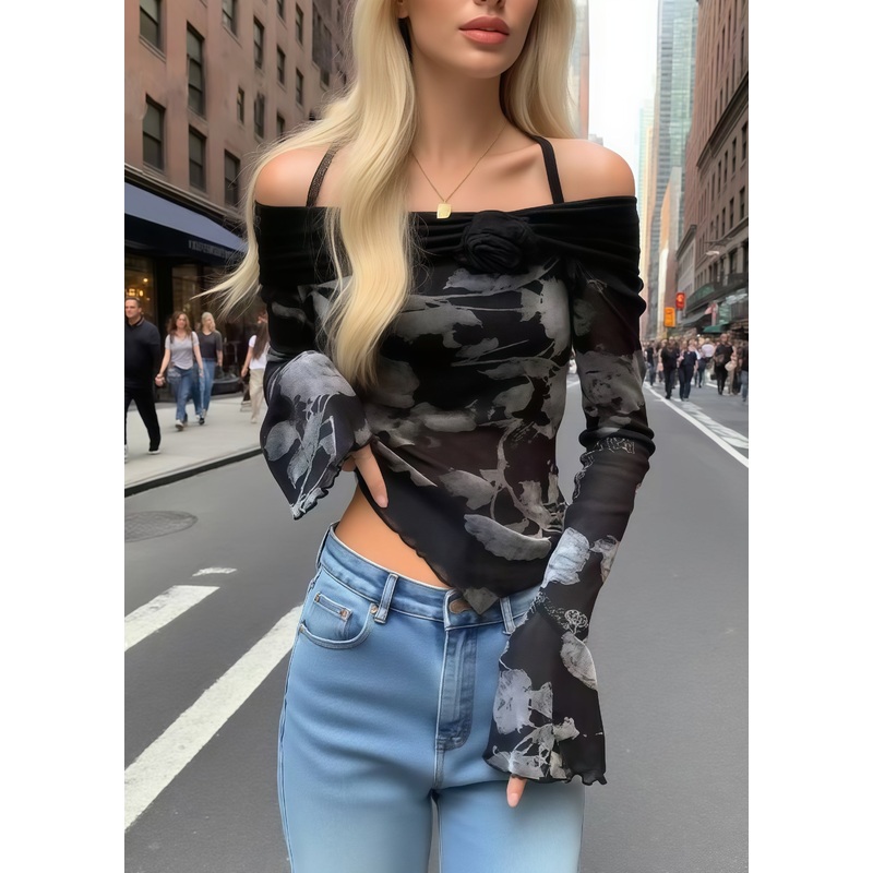 Women Black Print Flower Decorated Cold Shoulder Tops Summer