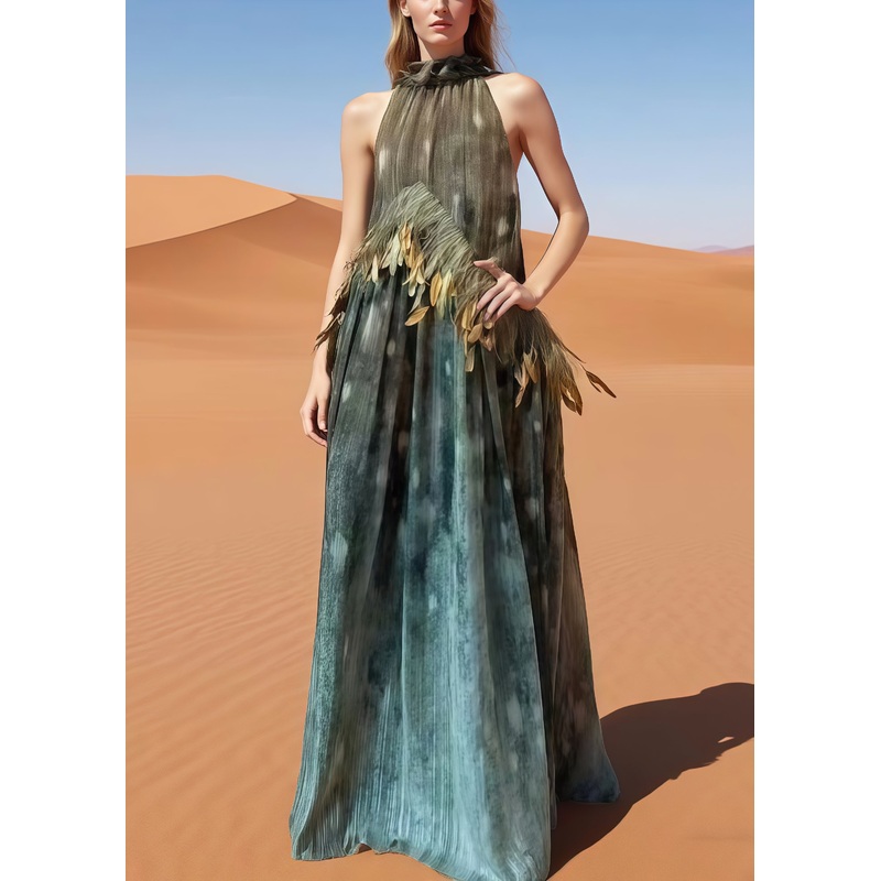 Women Cold Shoulder Tie Dye Feathers Dress Summer