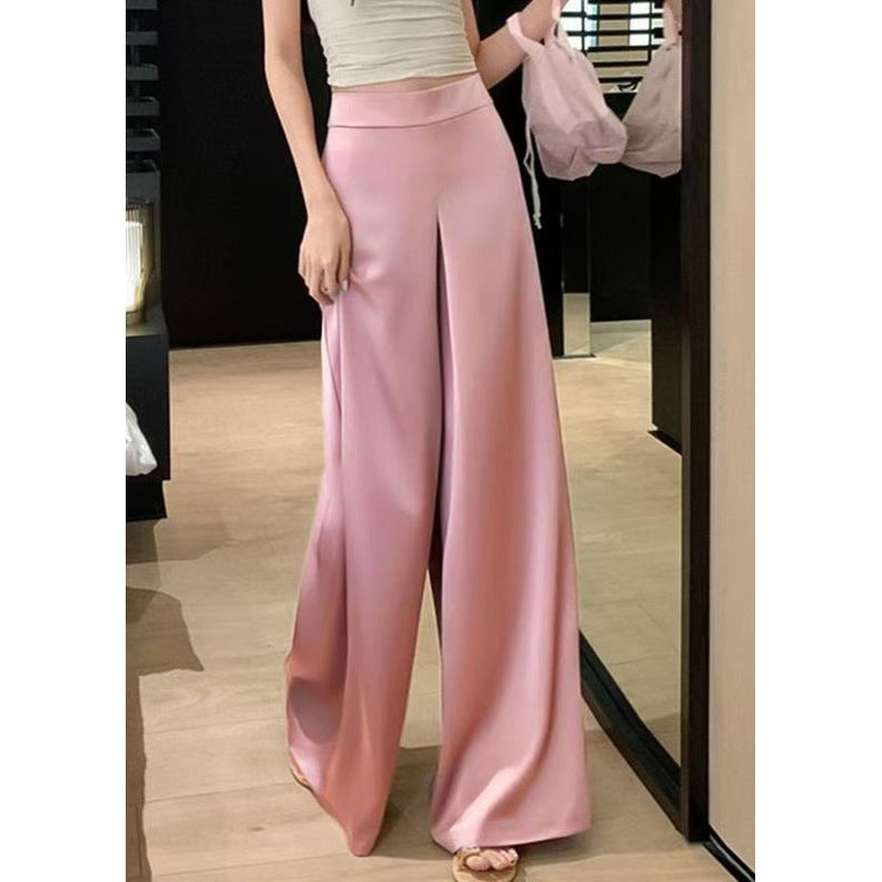 Women Pink Solid High Waist Silk Wide Leg Pants Summer