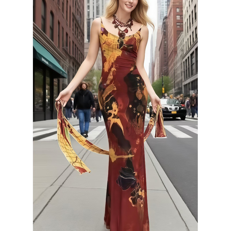 Women Red Print With Ribbon Silk Sundress Summer
