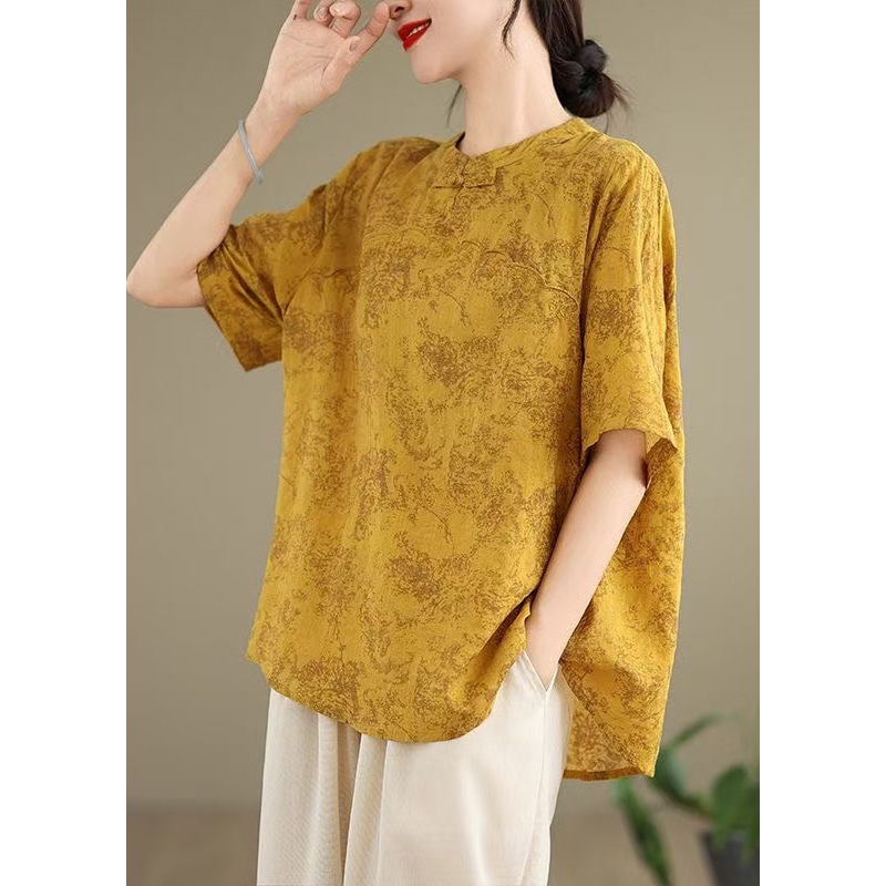Yellow Print Cotton Shirt Chinese Button Half Sleeve