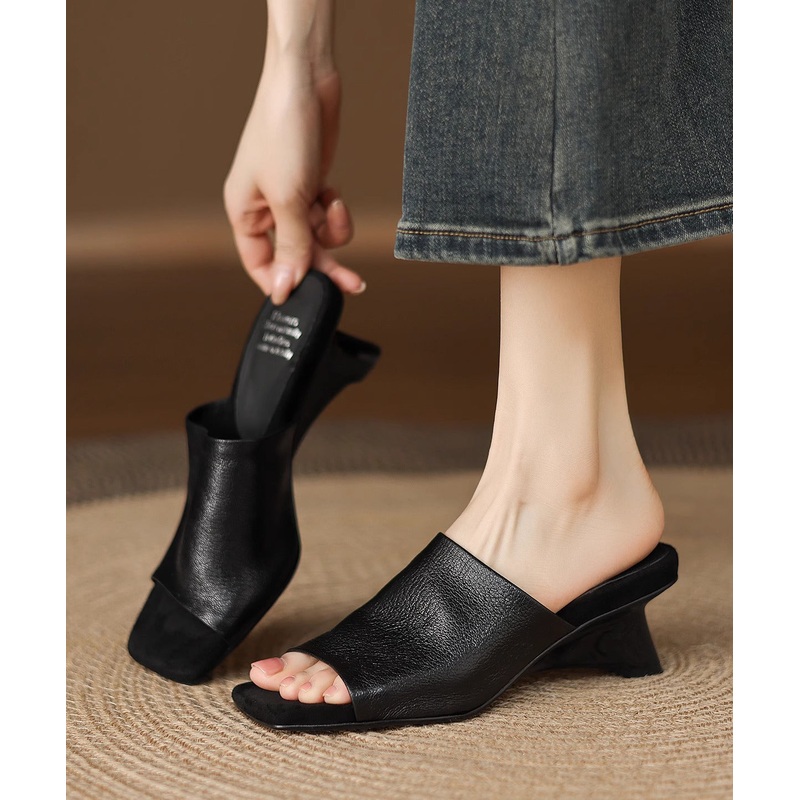 Black Chunky Sheepskin Beautiful Slide Sandals Peep Toe
