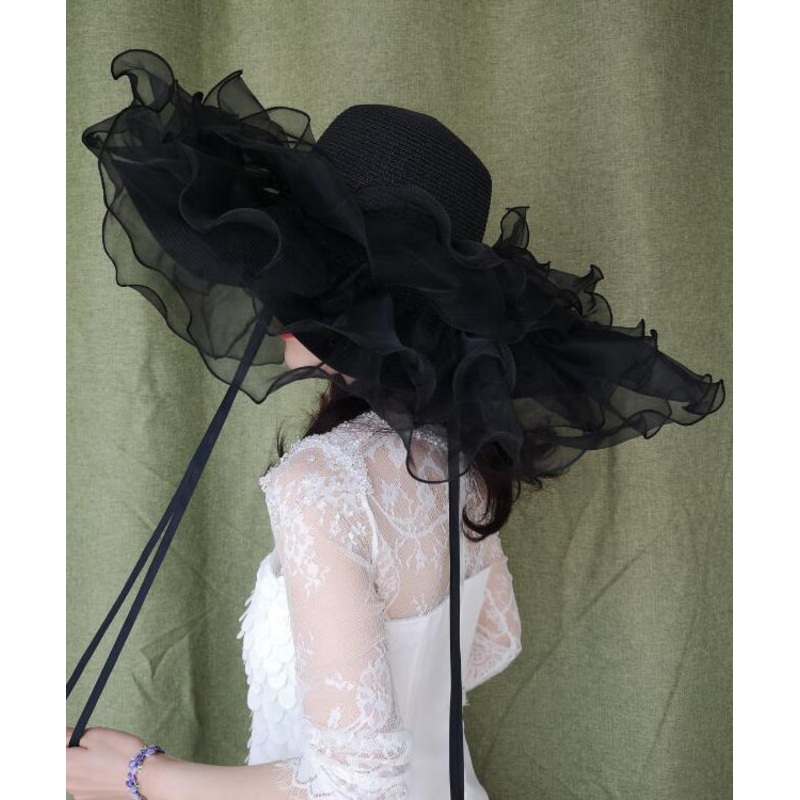 Summer Black Big Brimmed Straw Woven Hat Organza Ruffled
