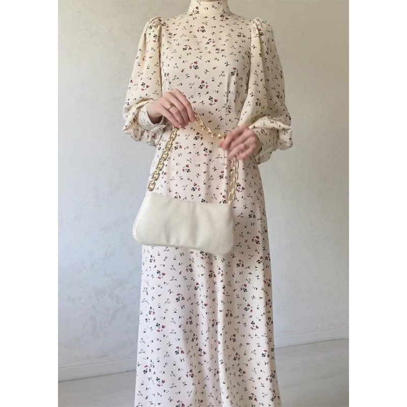 2025 Autumn Apricot Lace Up Stand Collar Print Chiffon Dress