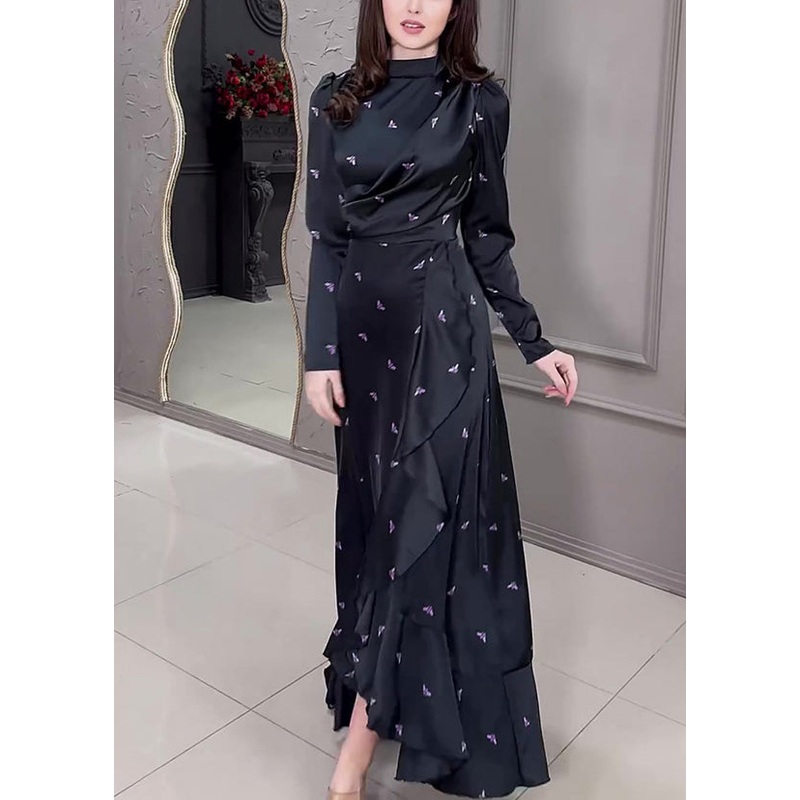 2025 New Black Ruffled Print Silk Long Dress Spring