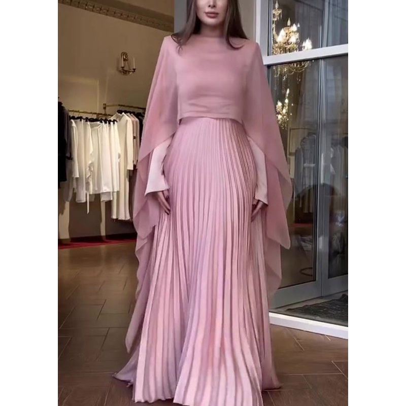 Autumn New Pink Pleated Long Sleeved Dress Shawl Set