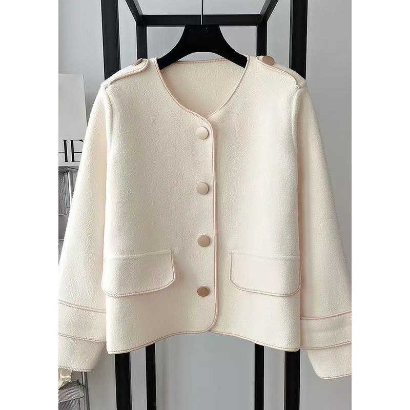 Beautiful Beige O Neck Pockets Woolen Short Coat Spring