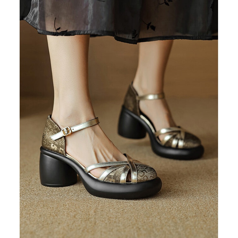 Black Cowhide Leather Chunky Heel Splicing Buckle Strap Sandals