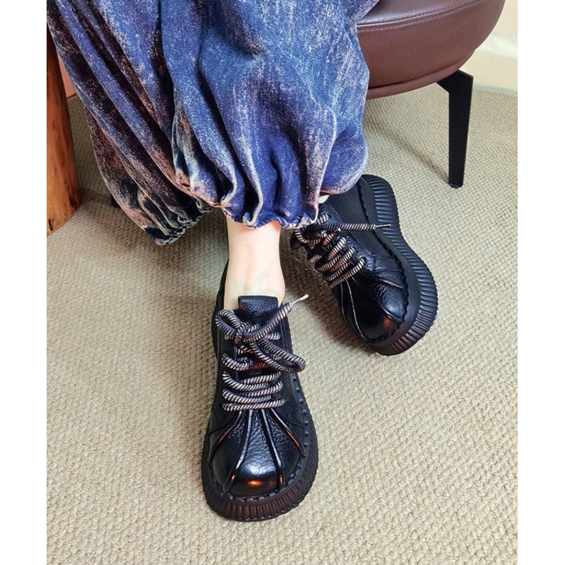 Black Lace Up Splicing Cowhide Leather Platform Shoes
