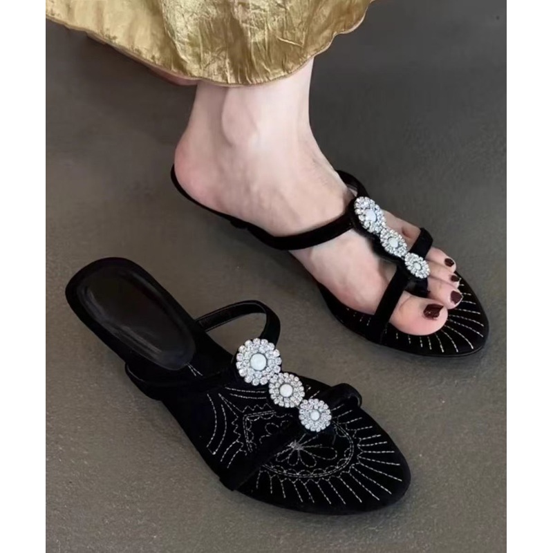 Black Wedge Suede Zircon Beautiful Splicing Slide Sandals