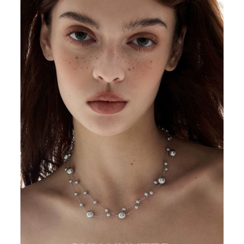 Boho Grey Copper Overgild Pearl Babysbreath Gratuated Bead Necklace