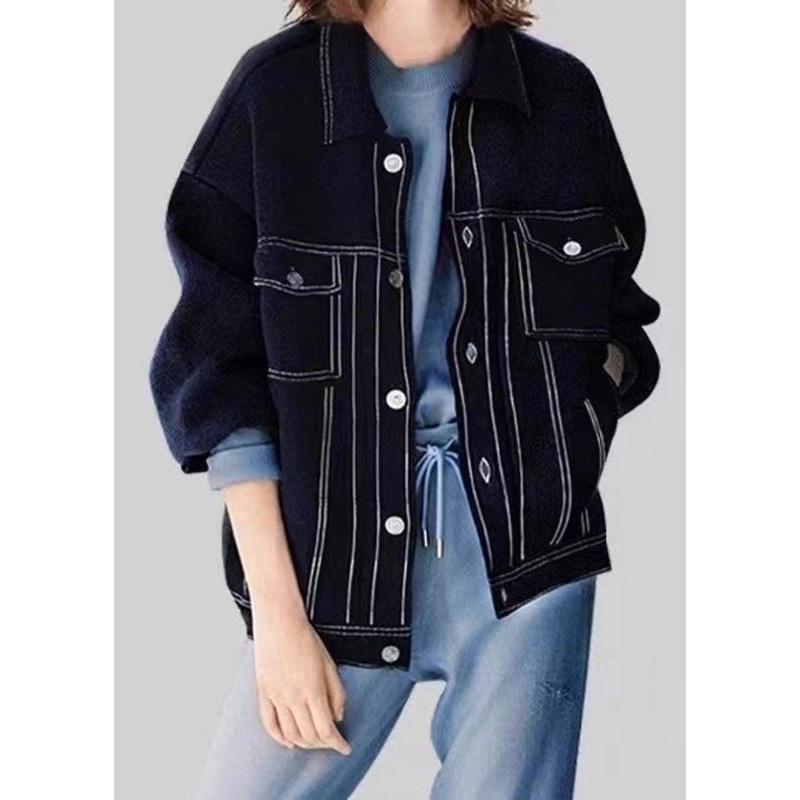 Boutique Navy Peter Pan Collar Pockets Knit Coat Spring