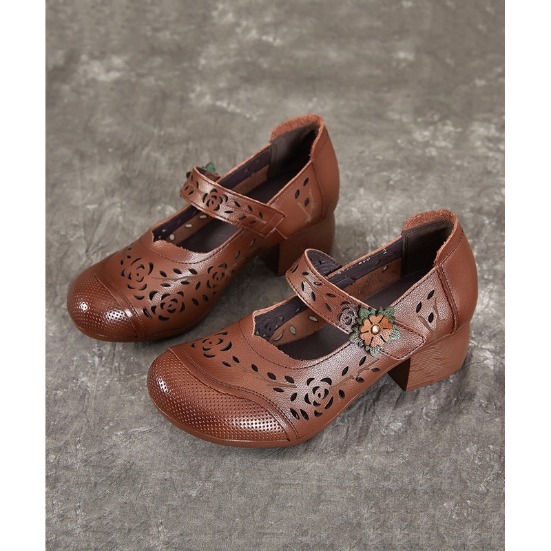 Chocolate Boho Chunky Heel Cowhide Leather Hollow Out Splicing Buckle Strap