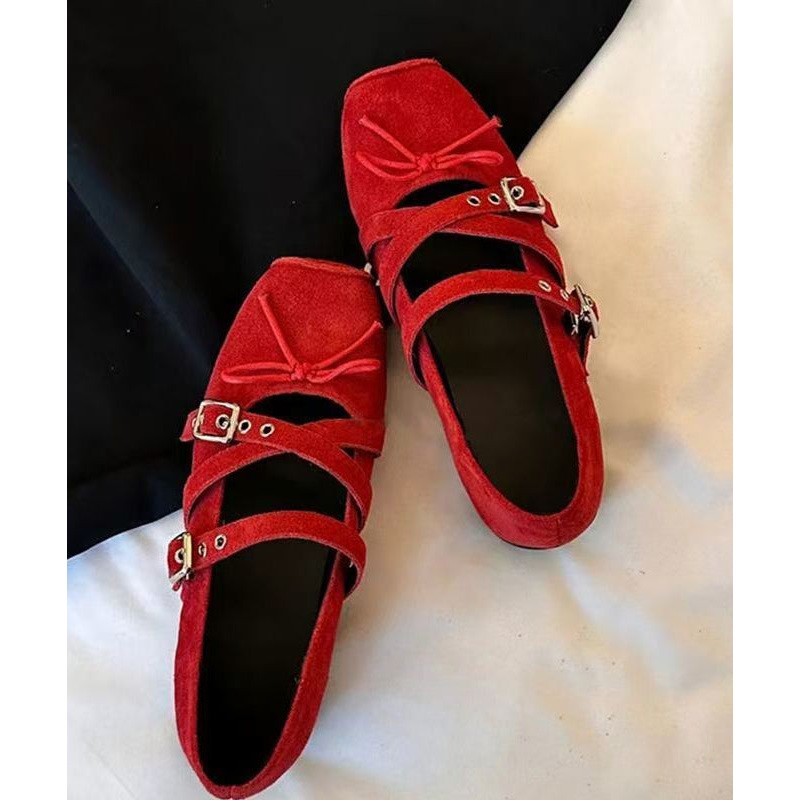 Red Bow Cross Strap Splicing Boutique Suede Wedge Shoes