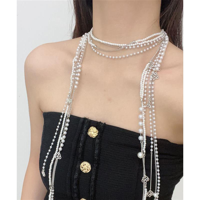 Simple White Metal Pearl Tassel Multilayer Gratuated Bead Necklace