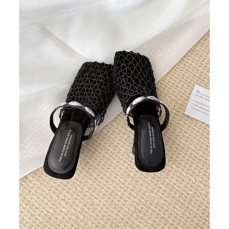 Stylish Hollow Out Splicing Wedge Black Cowhide Leather Slide Sandals