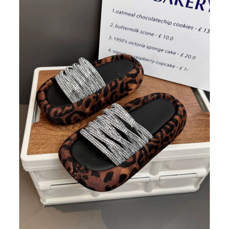 Stylish Leopard Zircon Platform Slide Sandals Peep Toe