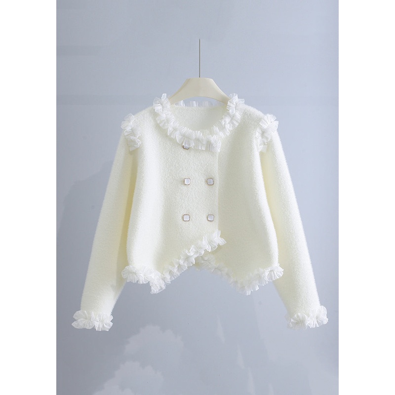 Unique Beige Ruffled Patchwork Mink Hair Knitted Coat Spring