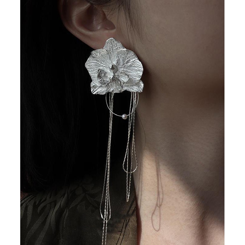 Vintage Silk Alloy Moth Orchid Tassel Drop Earrings