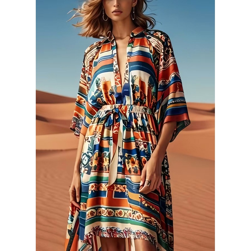 Women Brown Cinched Print Silk Beach Dress Summer