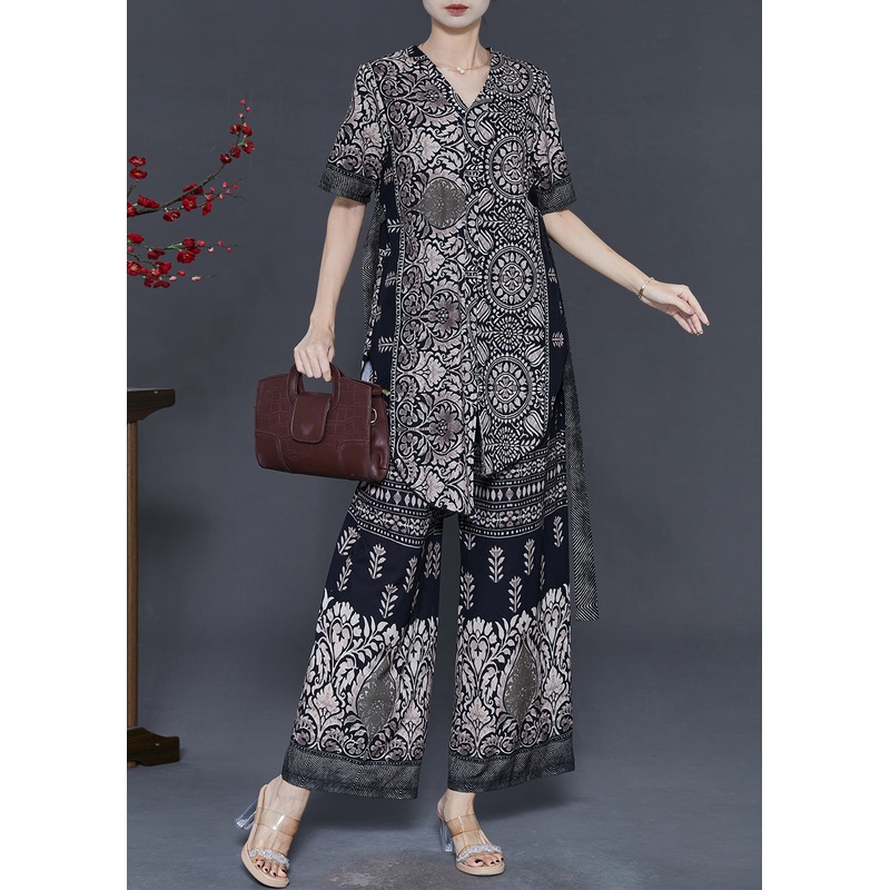 Art Black Asymmetrical Print Chiffon Two Piece Suit Set Summer