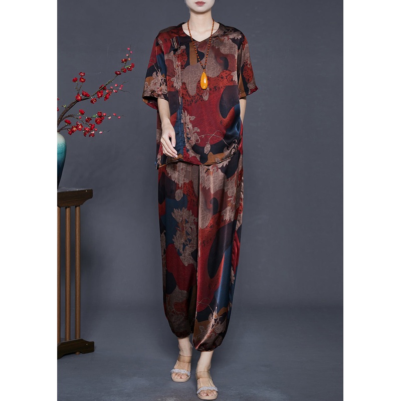 Art Red Print Silk 2 Piece Outfit Oversized Summer